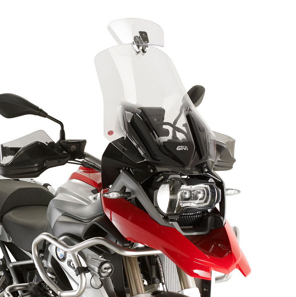 Motorcycle with a clear windshield and red front fender on a white background
