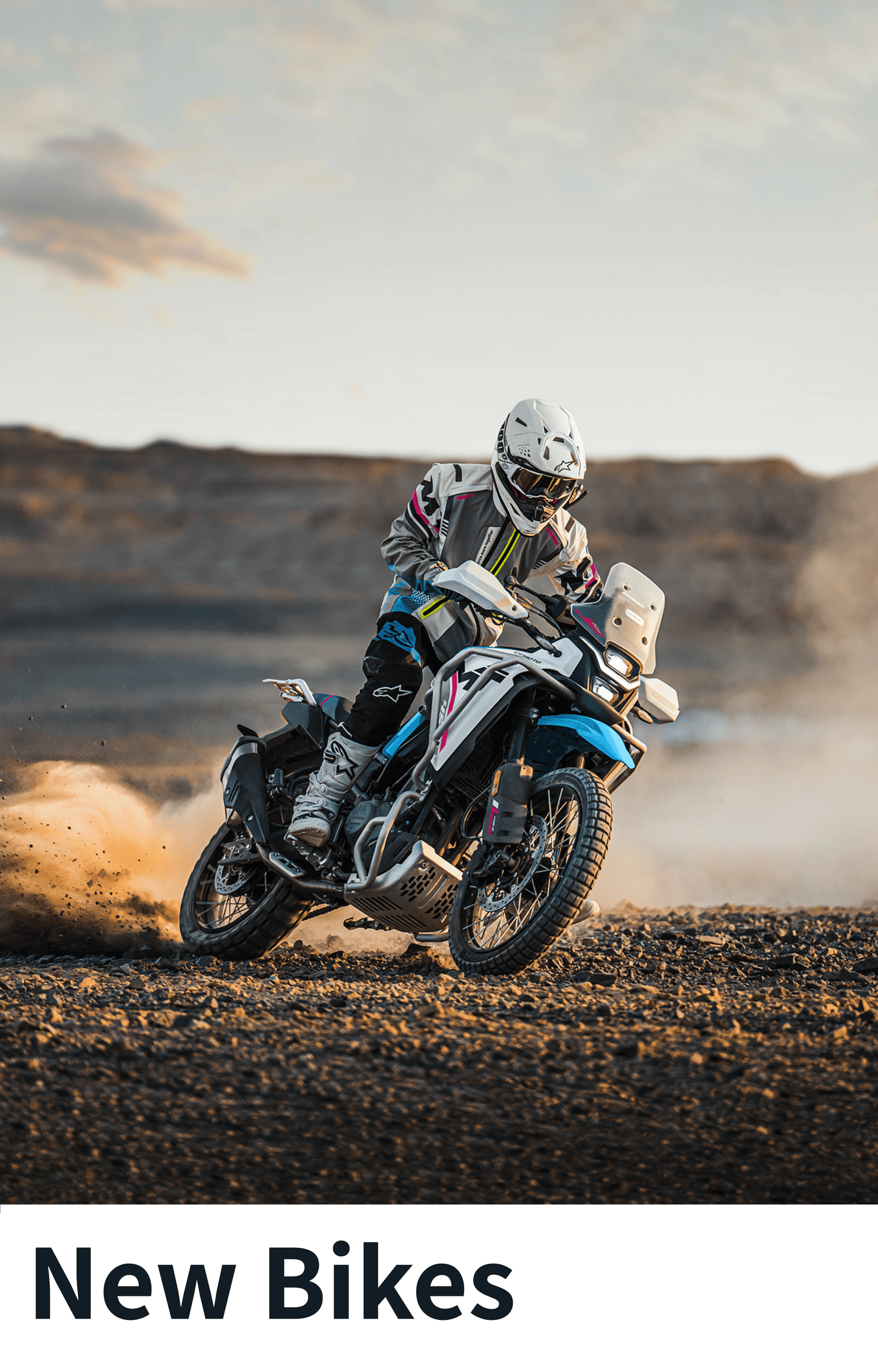 Banner of a CFMOTO 450MT drifting on rock surface, with "New Bikes" text on white background below it