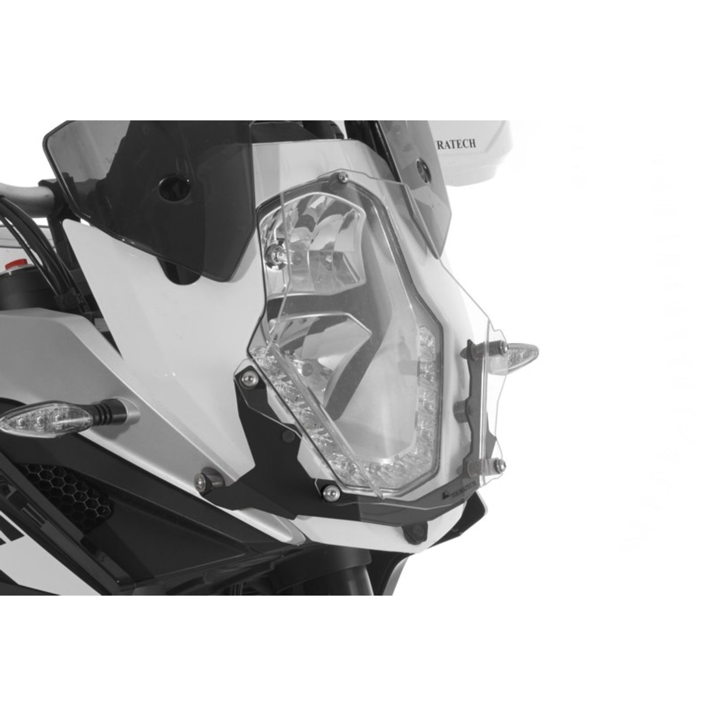 Makrolon headlight protector with quick release fasteners, black bracket for KTM