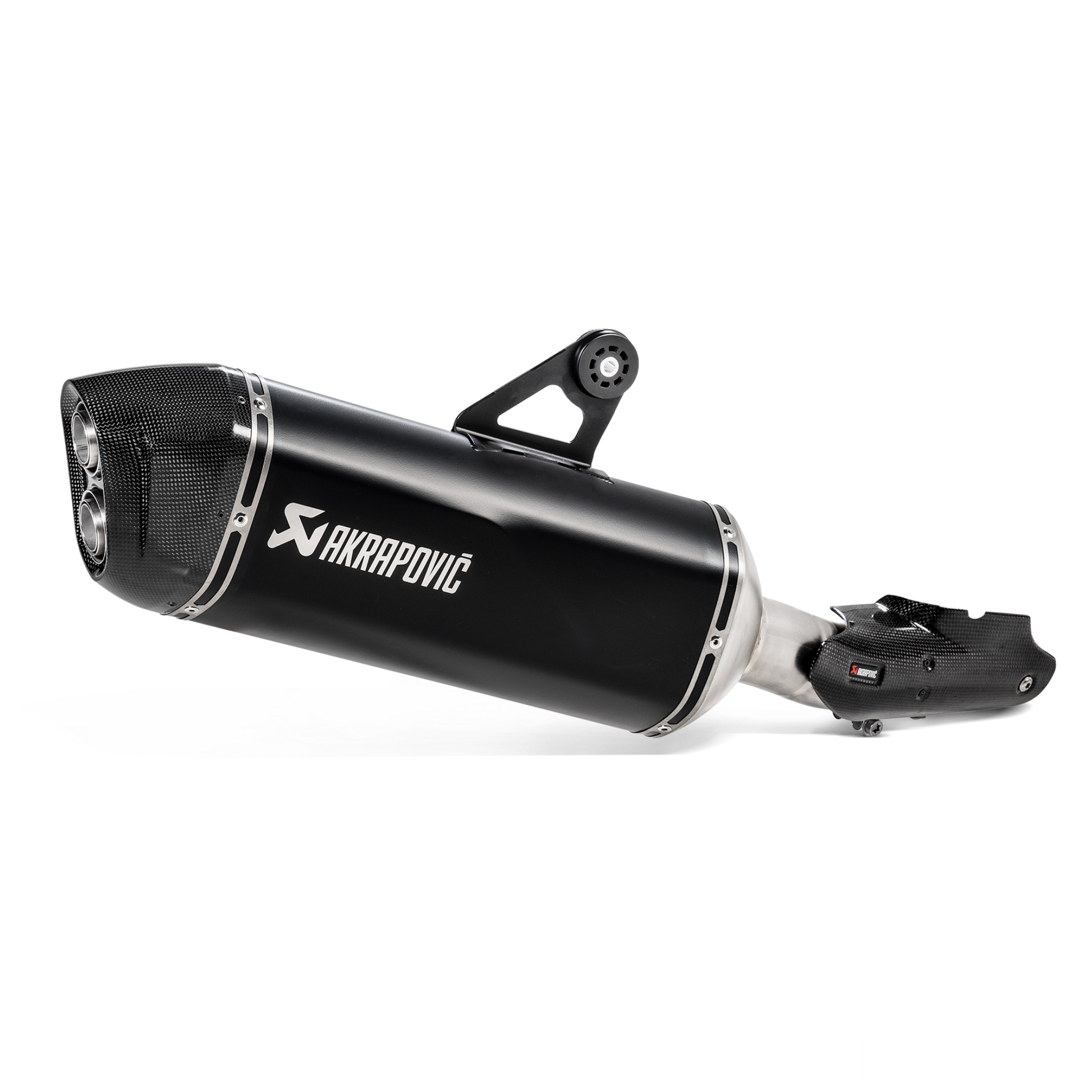 Black motorcycle exhaust with Akrapovic logo on a white background