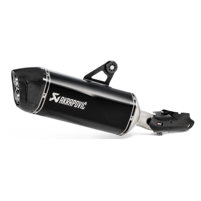 Black motorcycle exhaust with Akrapovic logo on a white background
