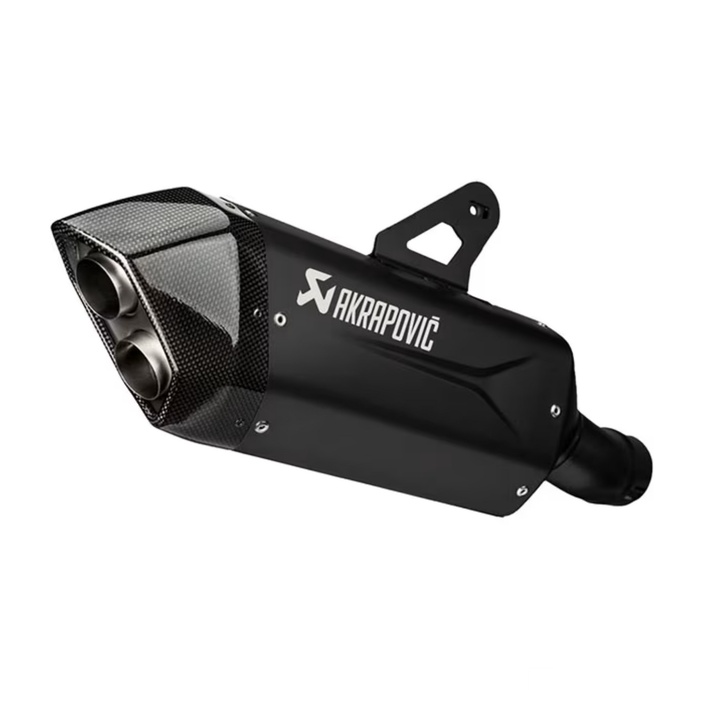 Black motorcycle exhaust with 'Akrapovic' branding on a white background