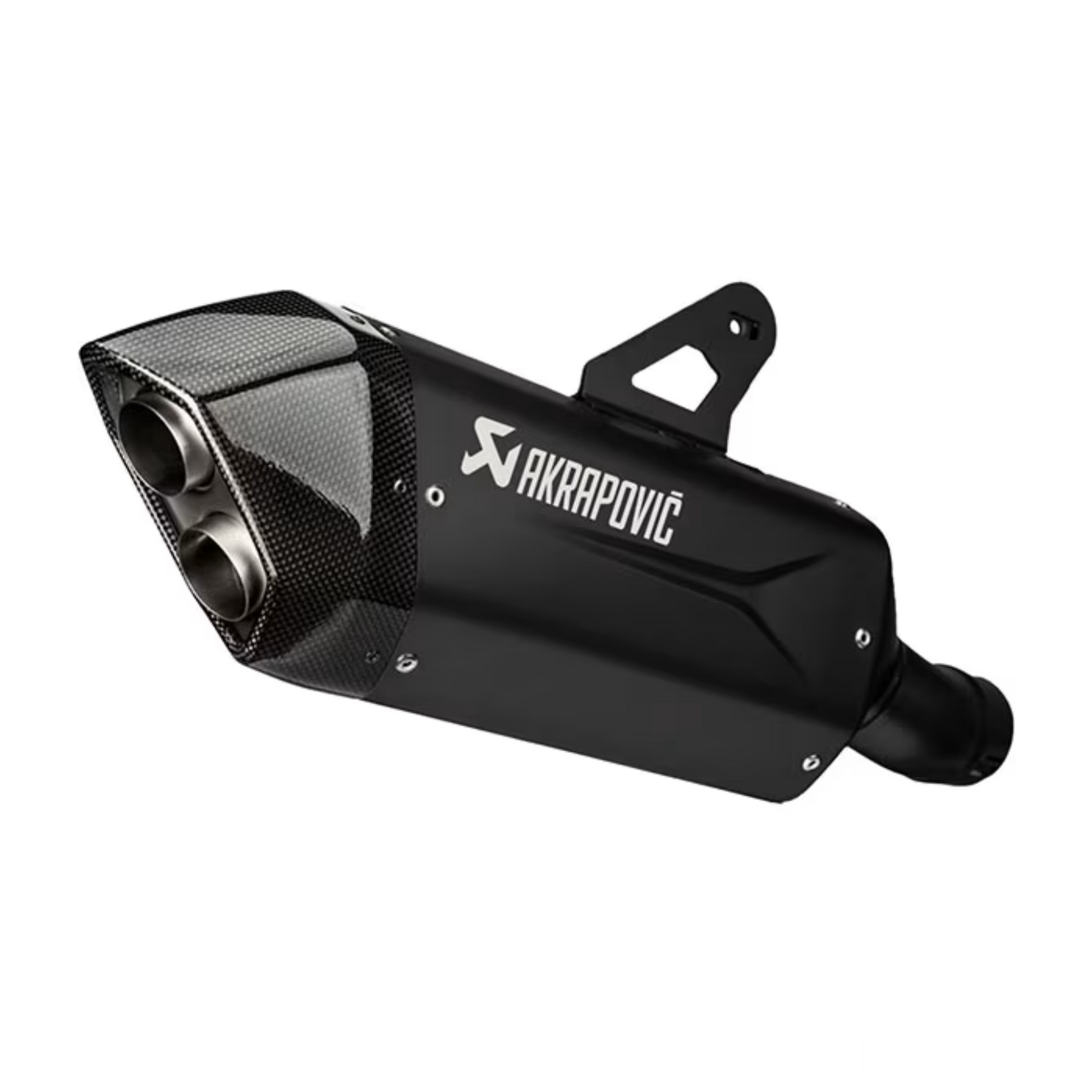 Black motorcycle exhaust with 'Akrapovic' branding on a white background