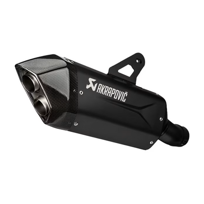 Black motorcycle exhaust with 'Akrapovic' branding on a white background