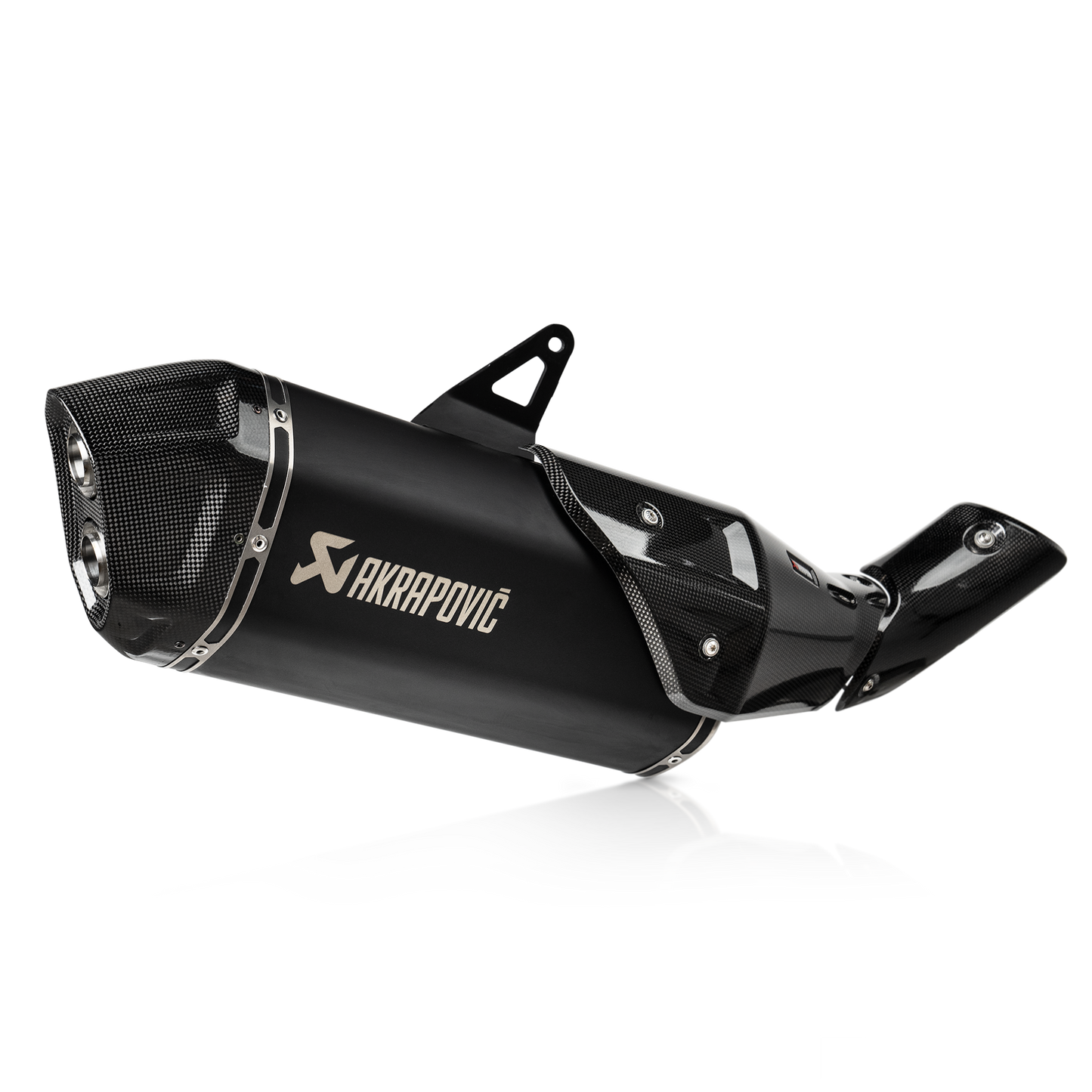 Black motorcycle exhaust with Akrapovic logo on a white background
