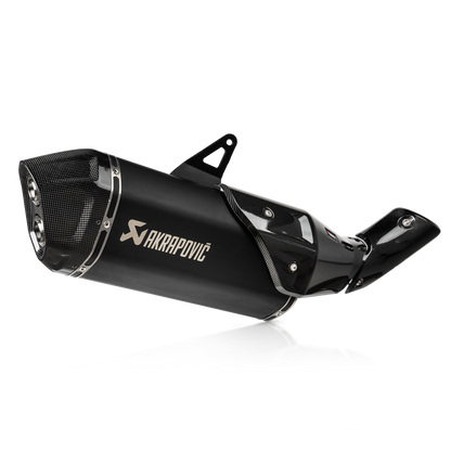 Black motorcycle exhaust with Akrapovic logo on a white background