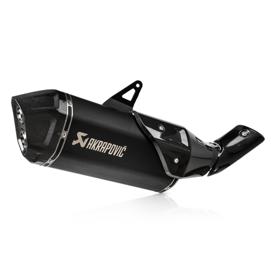 Black motorcycle exhaust with Akrapovic logo on a white background