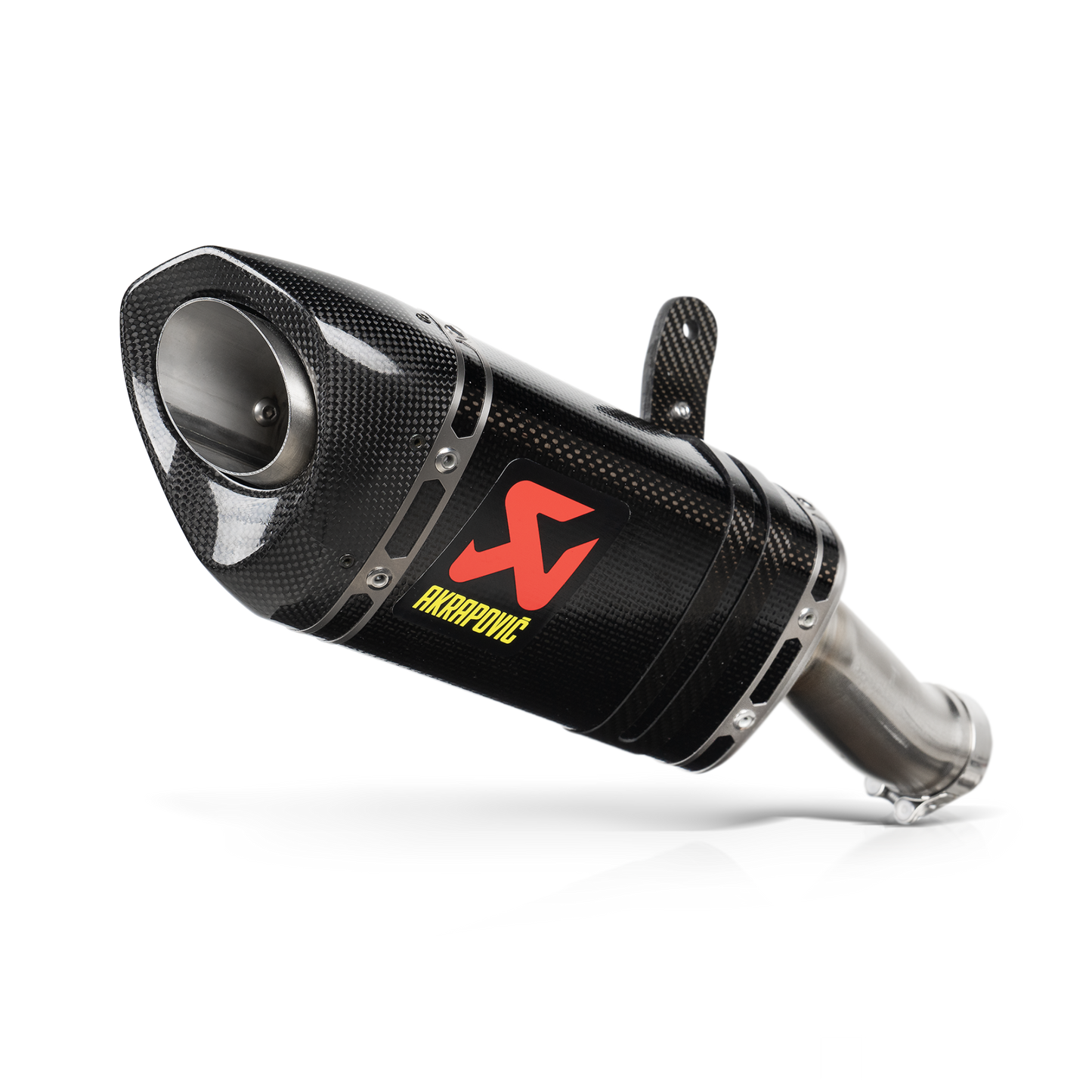 Black motorcycle exhaust with a red logo on a white background