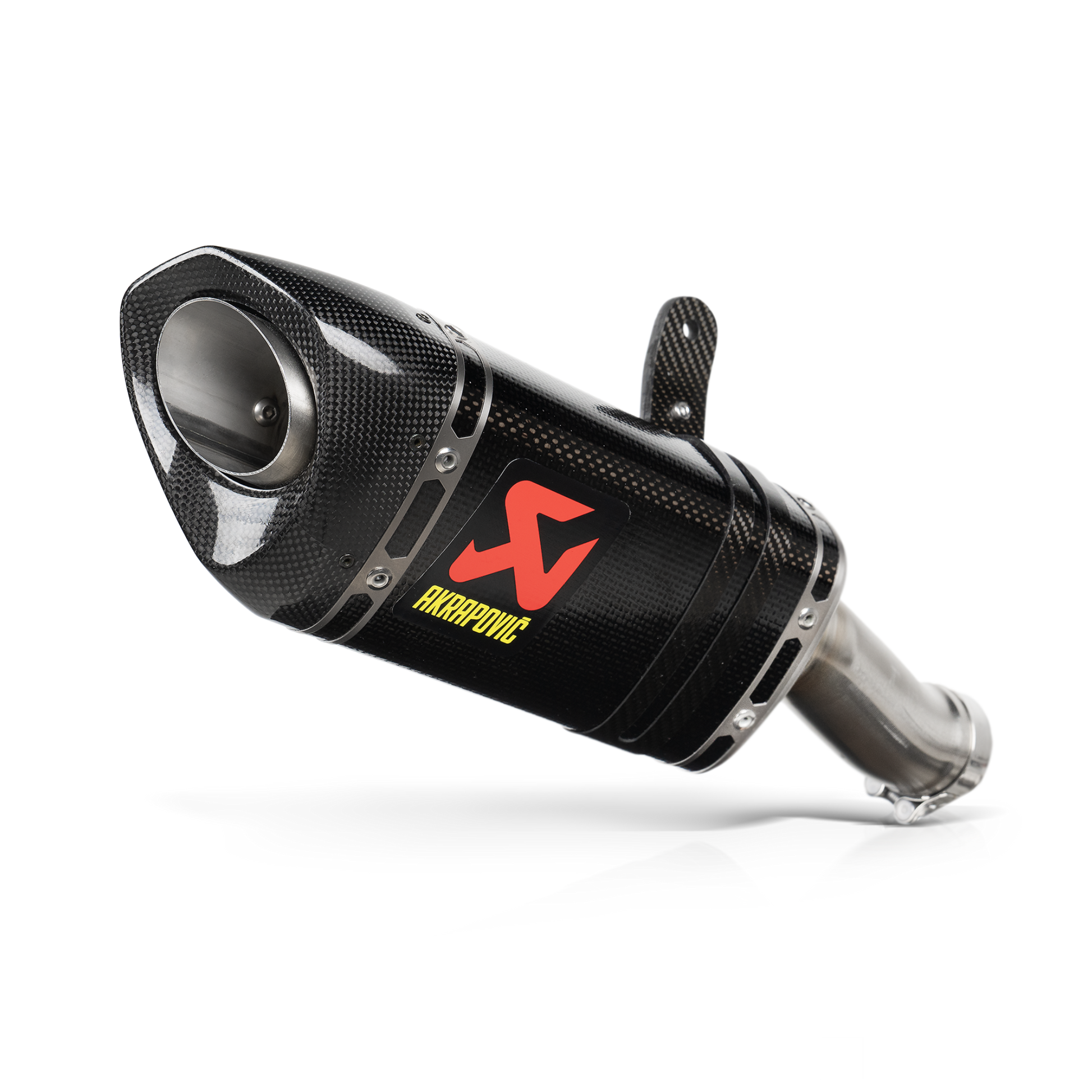 Black motorcycle exhaust with a red logo on a white background