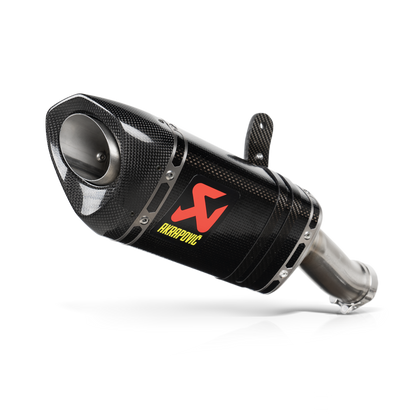 Black motorcycle exhaust with a red logo on a white background