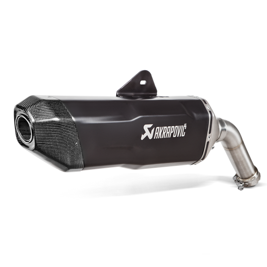 Akrapovic motorcycle exhaust on a white background