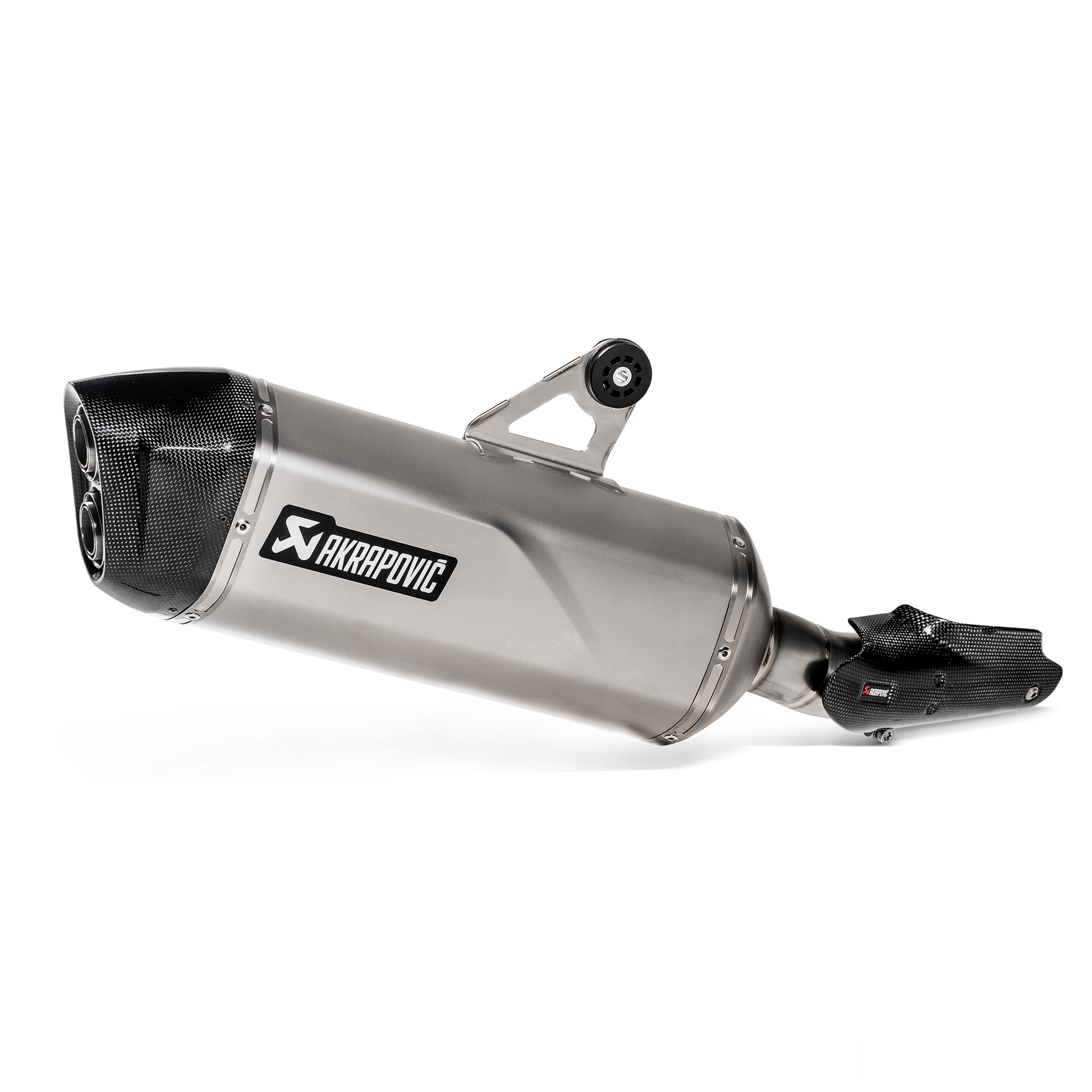 Motorcycle exhaust with Akrapovic logo on a white background