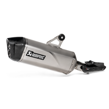Motorcycle exhaust with Akrapovic logo on a white background