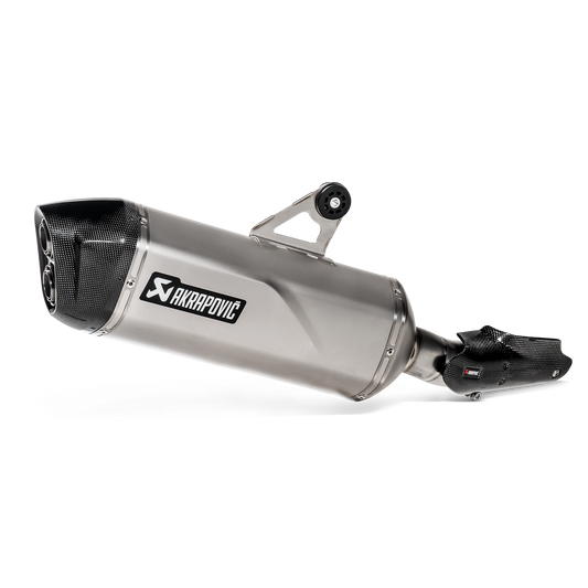 Motorcycle exhaust with Akrapovic logo on a white background