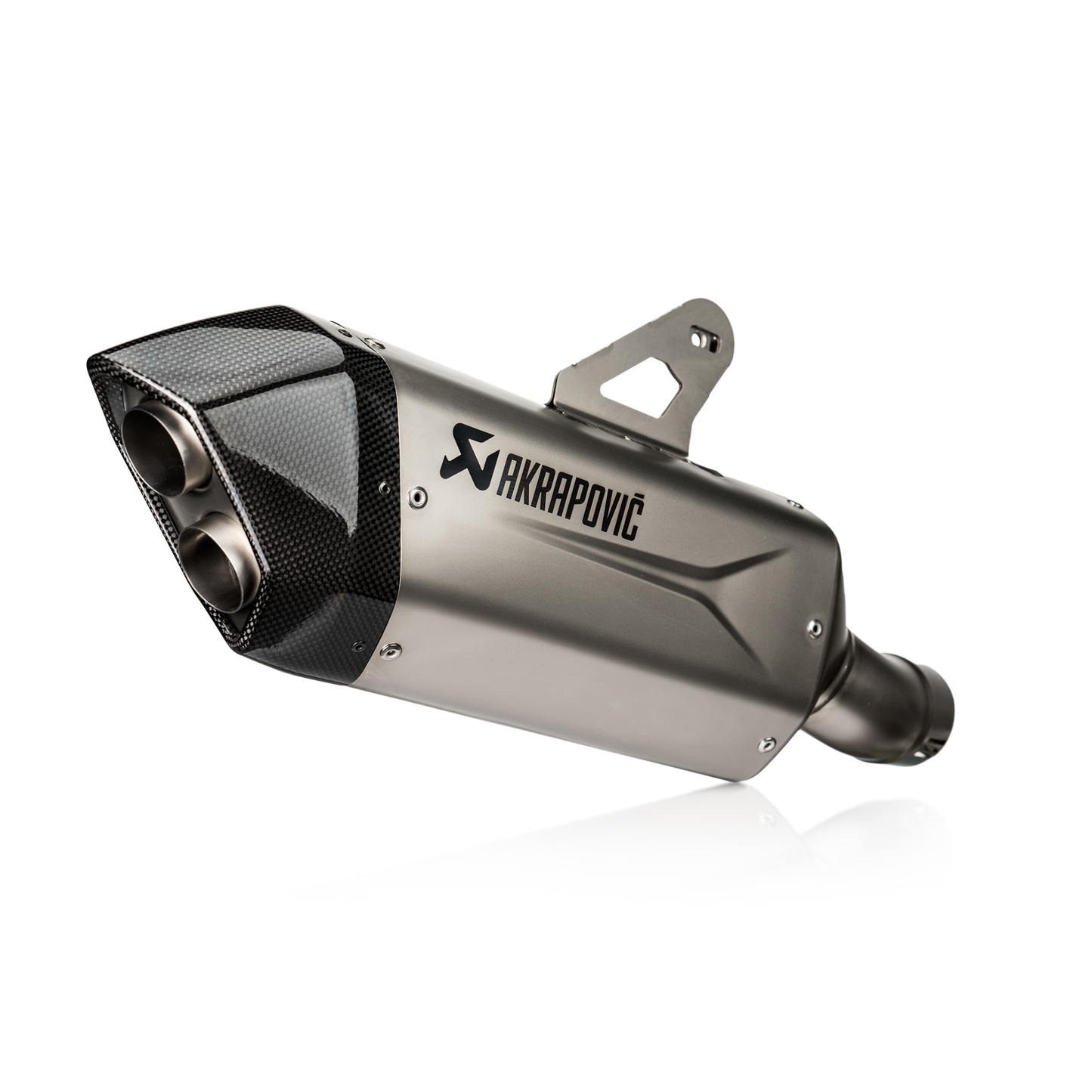 Akrapovic motorcycle exhaust on a white background