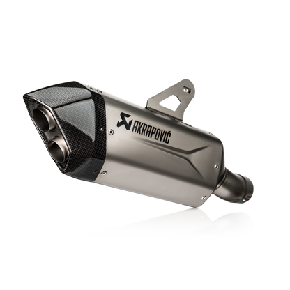 Akrapovic motorcycle exhaust on a white background