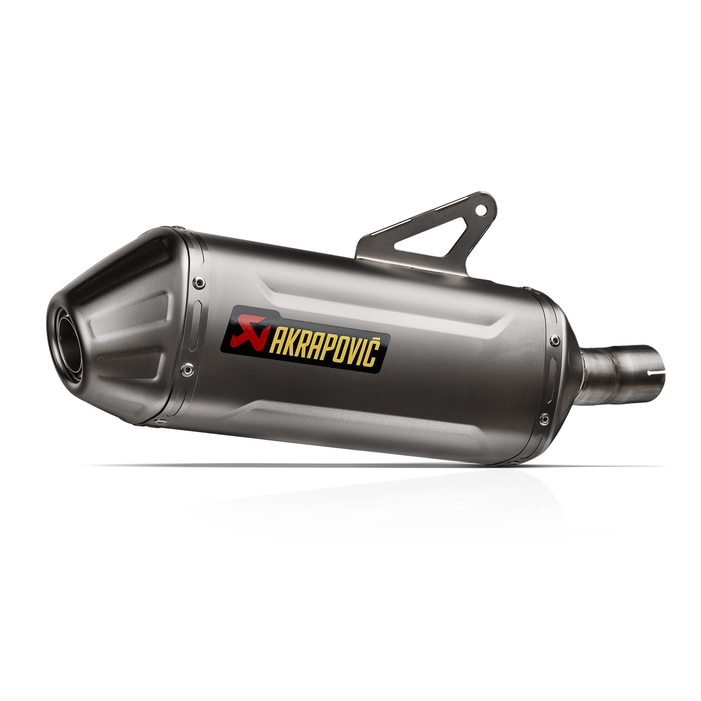 Motorcycle exhaust with Akrapovic logo on a white background