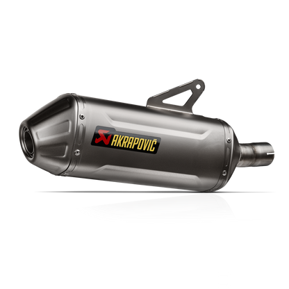 Motorcycle exhaust with Akrapovic logo on a white background