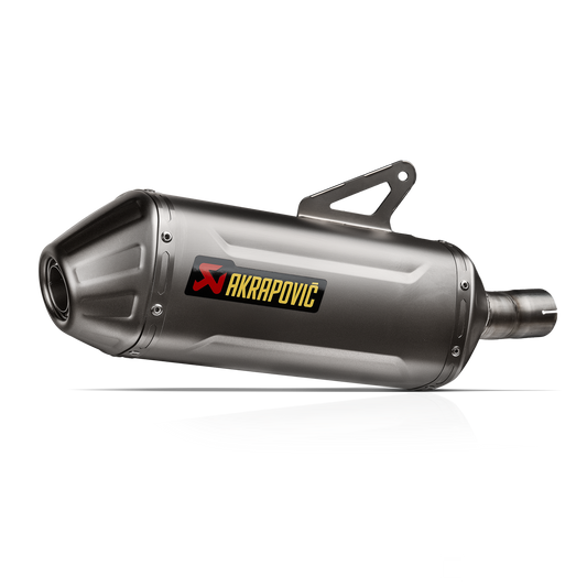 Motorcycle exhaust with Akrapovic logo on a white background