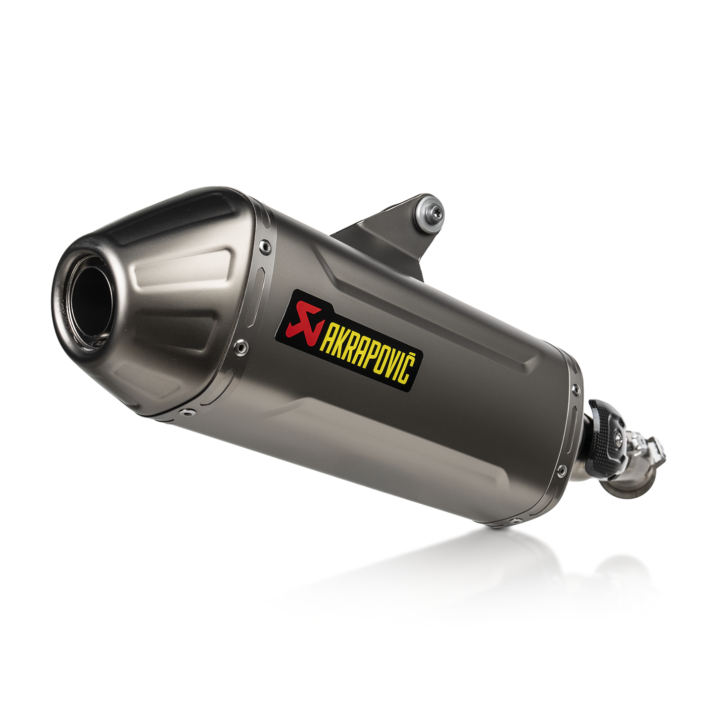 Motorcycle exhaust with Akrapovic logo on a white background