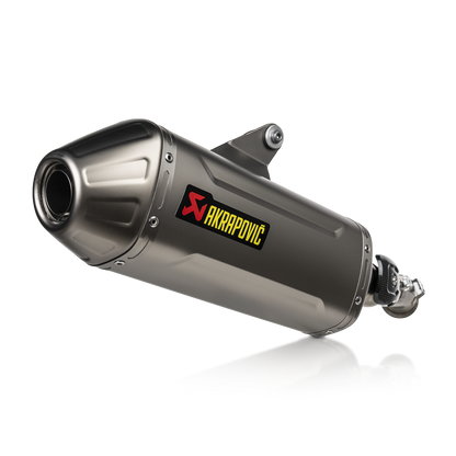 Motorcycle exhaust with Akrapovic logo on a white background