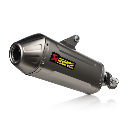Motorcycle exhaust with Akrapovic logo on a white background