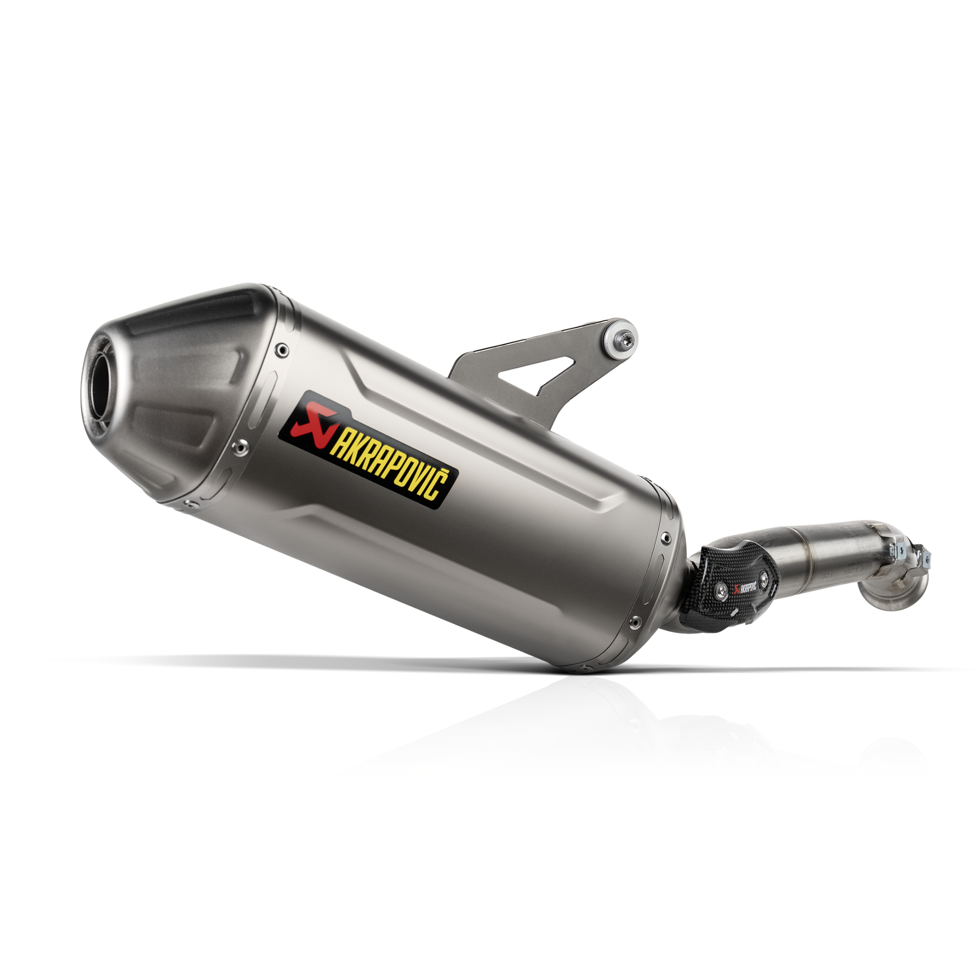 Motorcycle exhaust with Akrapovic logo on a white background