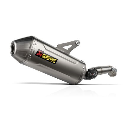 Motorcycle exhaust with Akrapovic logo on a white background