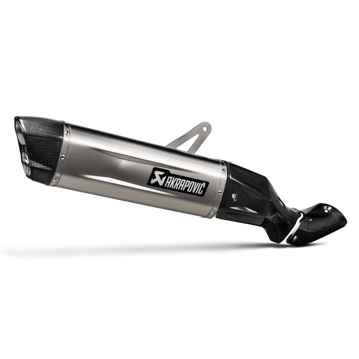 Motorcycle exhaust pipe with Akrapovic logo on a white background