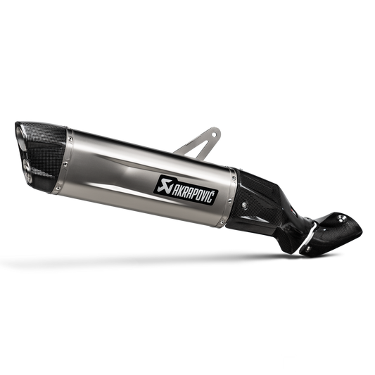 Motorcycle exhaust pipe with Akrapovic logo on a white background