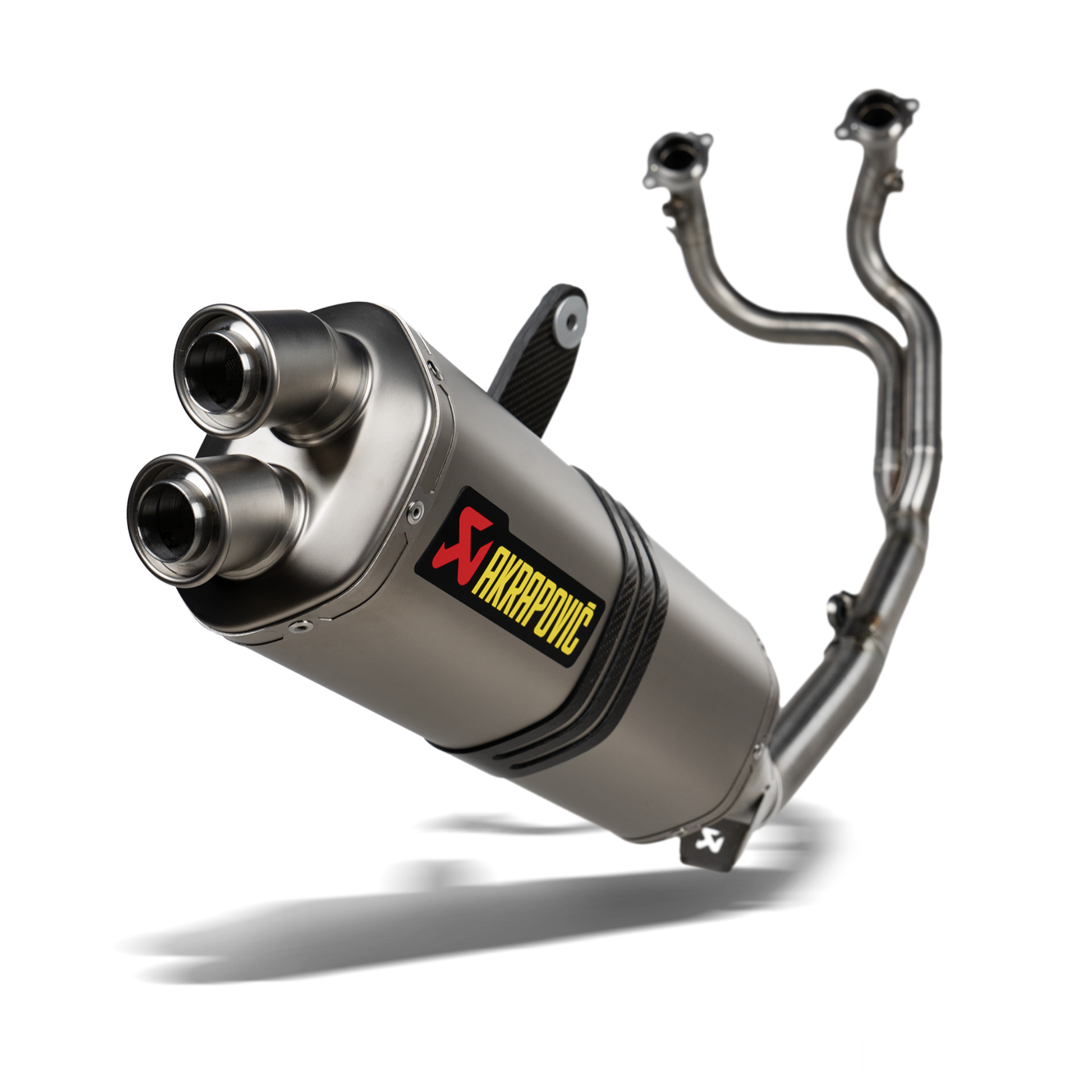 Motorcycle exhaust system with Akrapovic logo on a white background