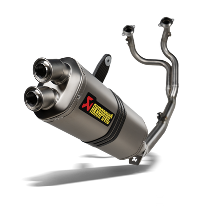 Motorcycle exhaust system with Akrapovic logo on a white background