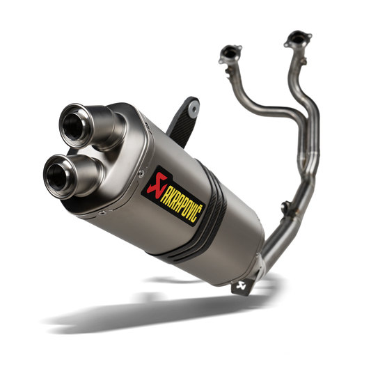 Motorcycle exhaust system with Akrapovic logo on a white background