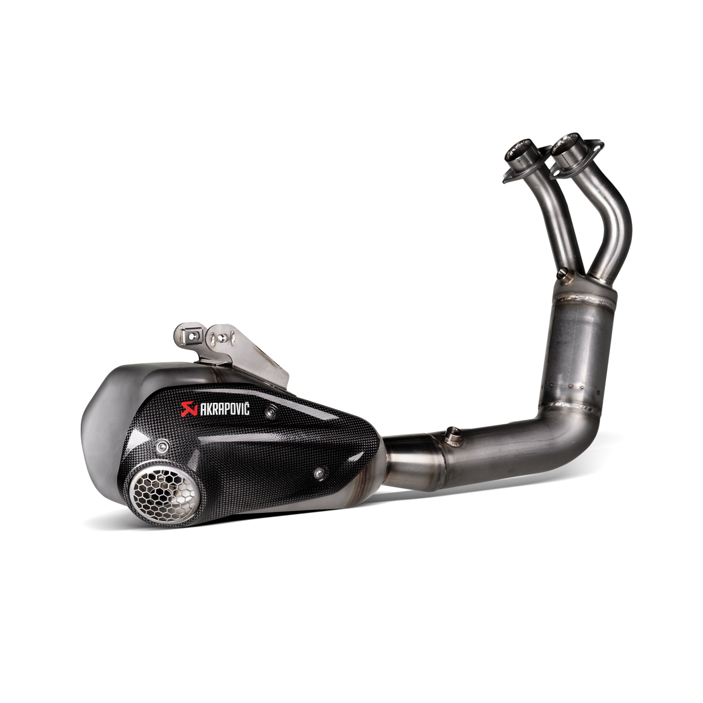 Full system carbon exhaust with akrapovic logo on white background