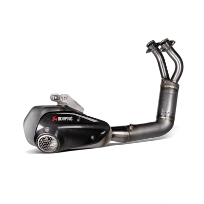 Full system carbon exhaust with akrapovic logo on white background
