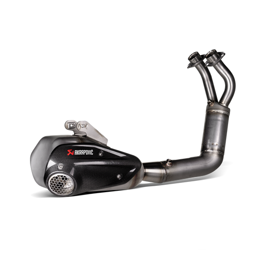 Full system carbon exhaust with akrapovic logo on white background