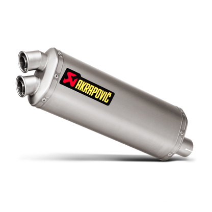 Motorcycle exhaust with Akrapovic logo on a white background
