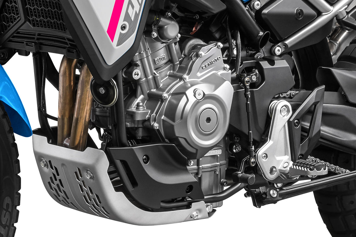 Close-up of a CFMOTO 450MT engine on a white background