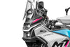 Close-up of a CFMOTO 450MT front-end, headlight and windshield on a white background