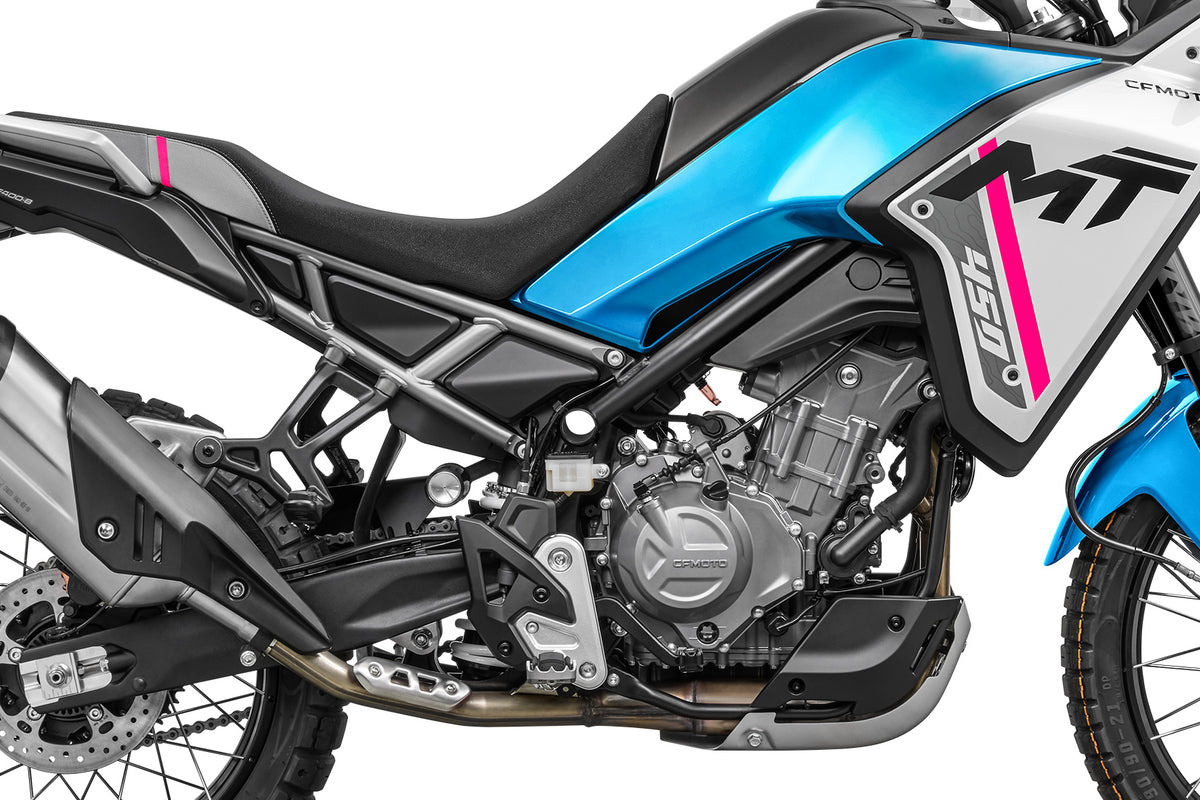 Close-up of a CFMOTO 450 MT with blue and black design with pink highlights on a white background