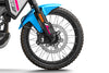 Close-up of a CFMOTO 450MT front wheel with blue fender on a white background