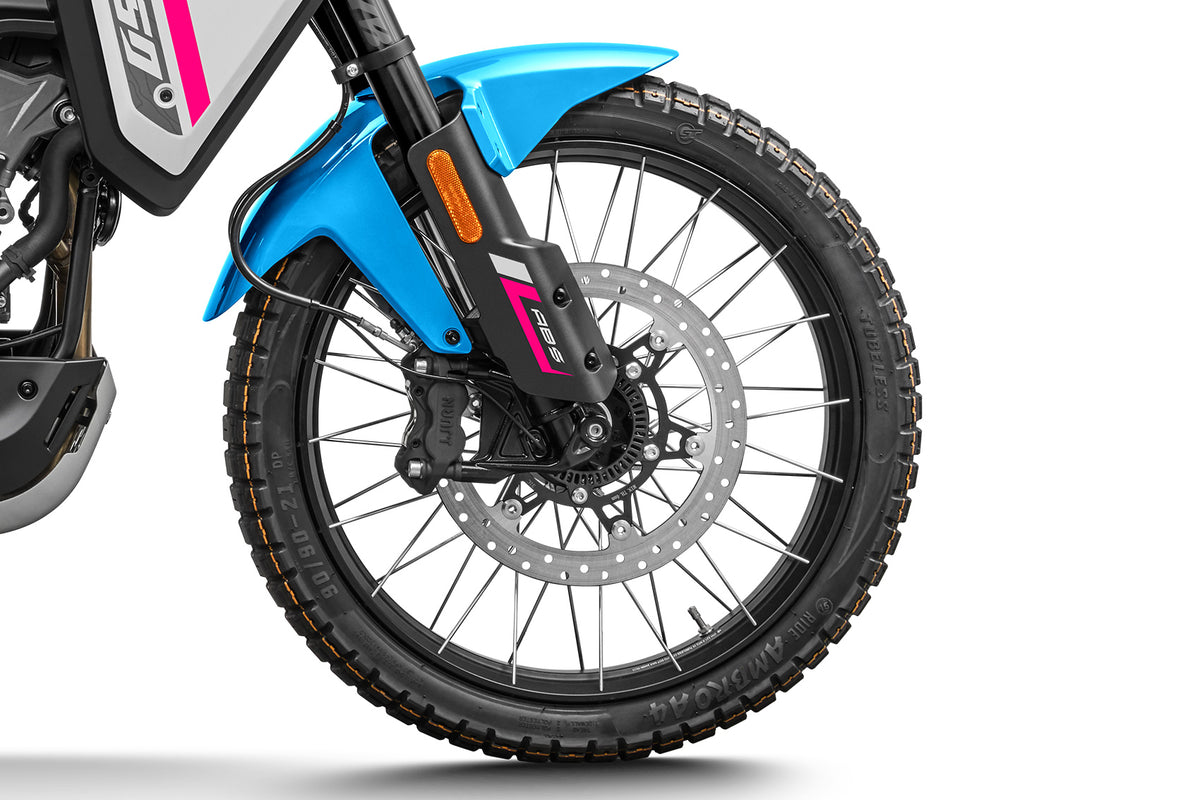 Close-up of a CFMOTO 450MT front wheel with blue fender on a white background