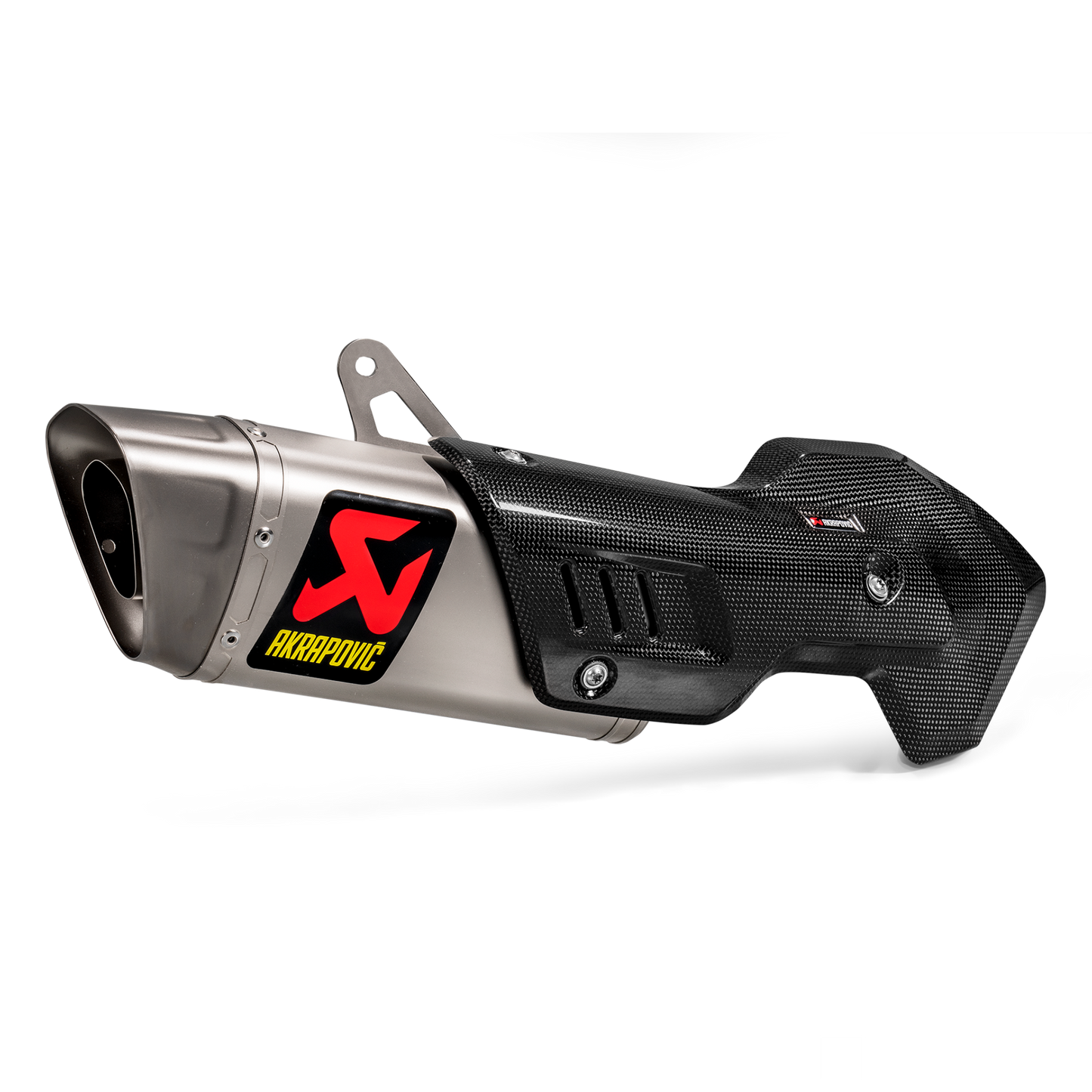 Motorcycle exhaust with Akrapovic logo on a white background