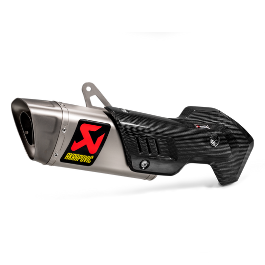 Motorcycle exhaust with Akrapovic logo on a white background