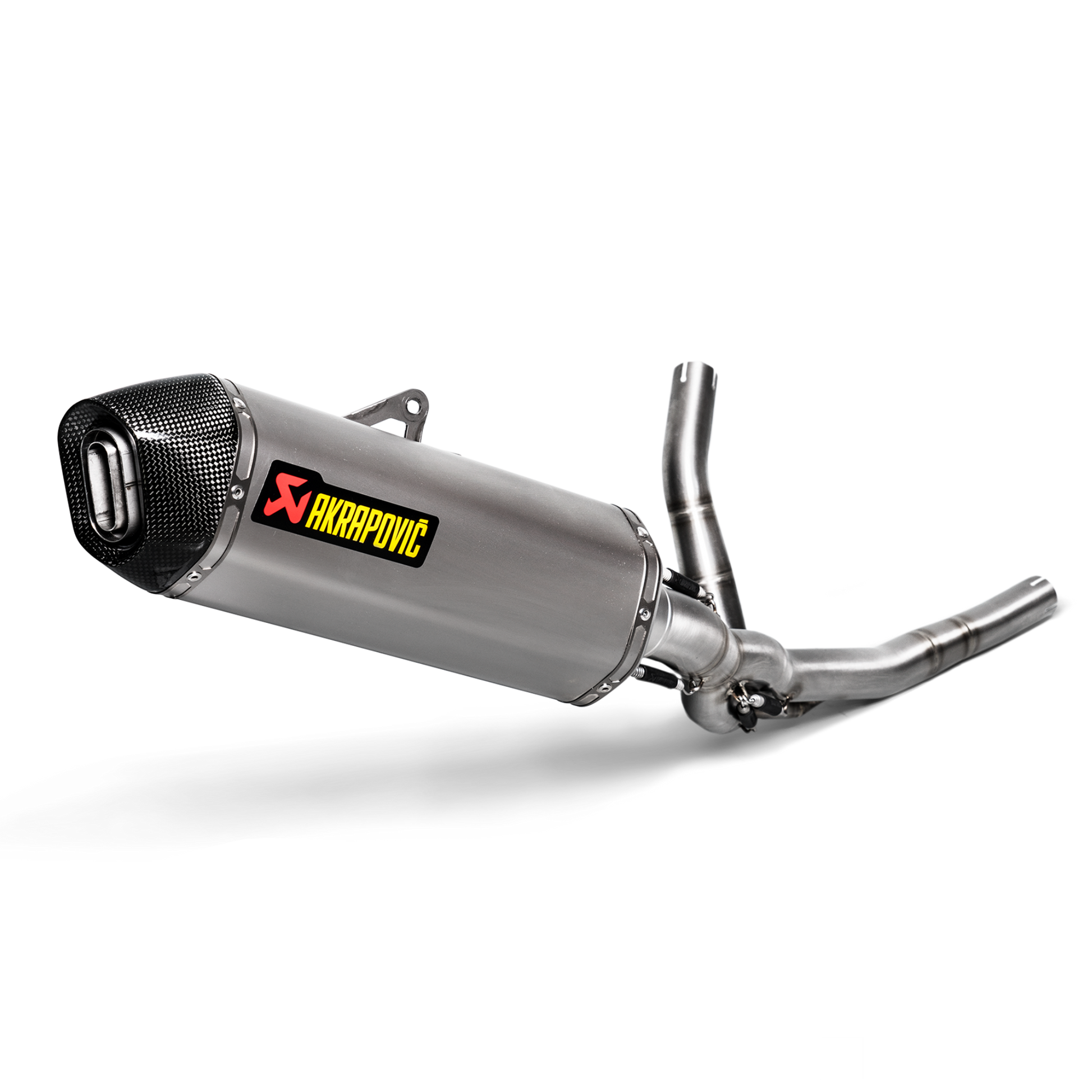 Motorcycle exhaust with Akrapovic logo on a white background