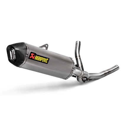 Motorcycle exhaust with Akrapovic logo on a white background