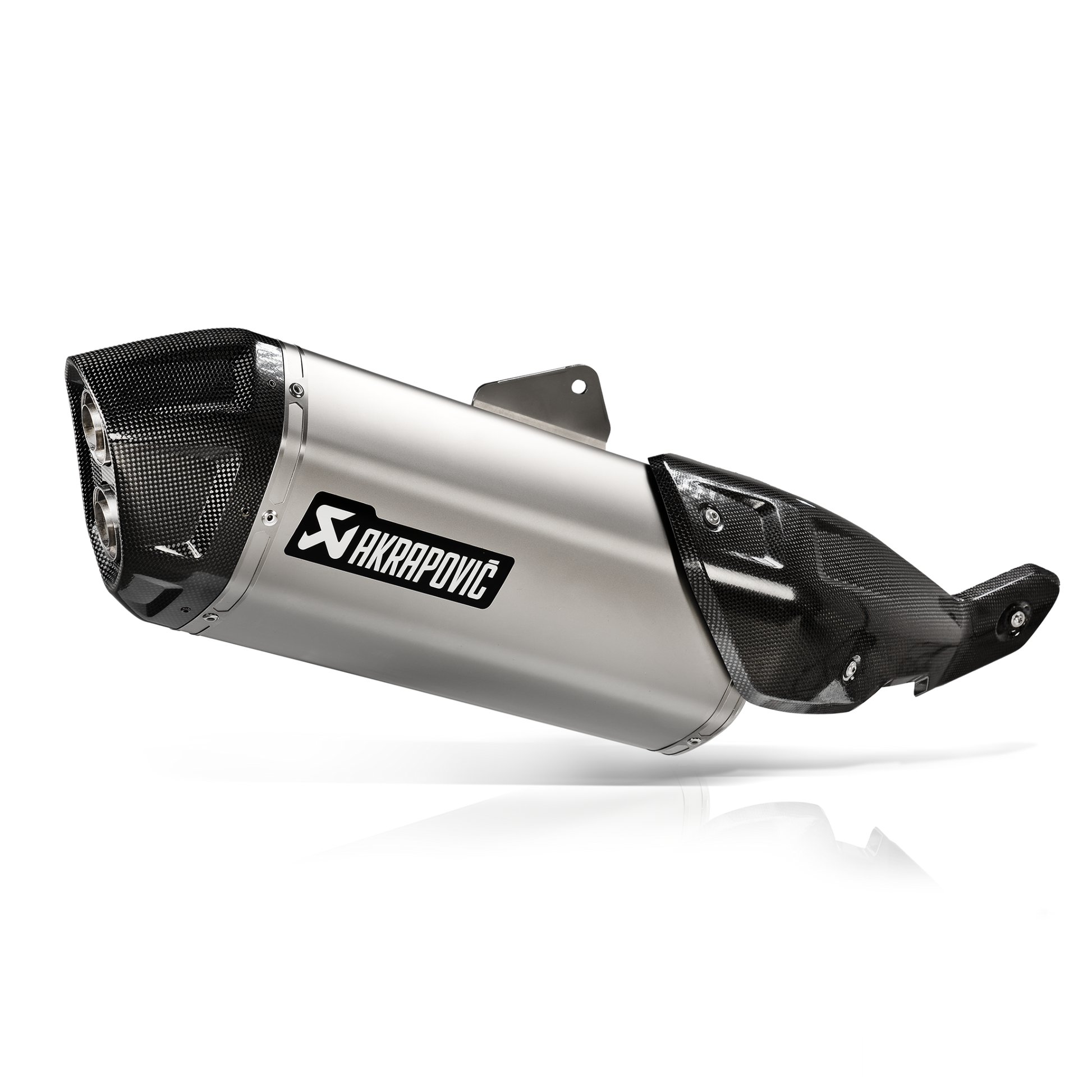 Motorcycle exhaust with Akrapovic logo on a white background