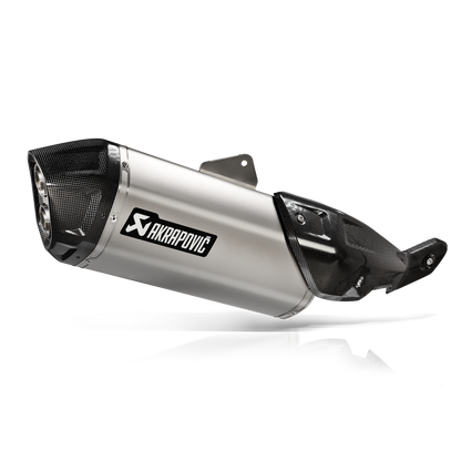 Motorcycle exhaust with Akrapovic logo on a white background