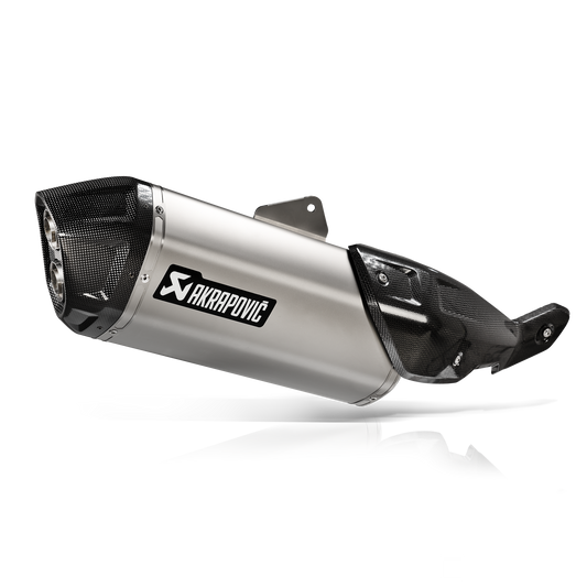 Motorcycle exhaust with Akrapovic logo on a white background