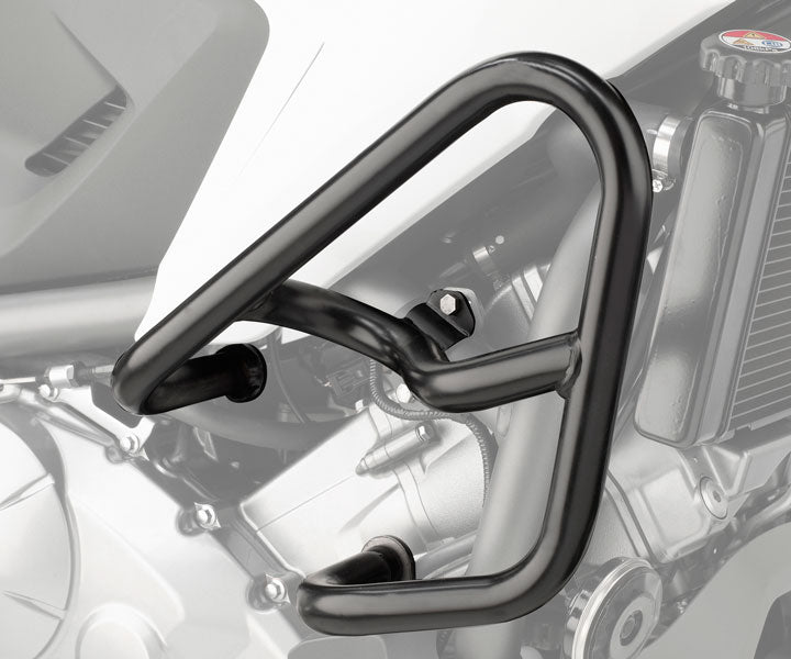 Black motorcycle crash bar on a motorcycle with a blurred background